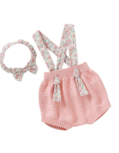 Load image into Gallery viewer, Baby Girl Ditsy Flower Sling Knitted Shorts Overalls With Headband by MyKids-USA™
