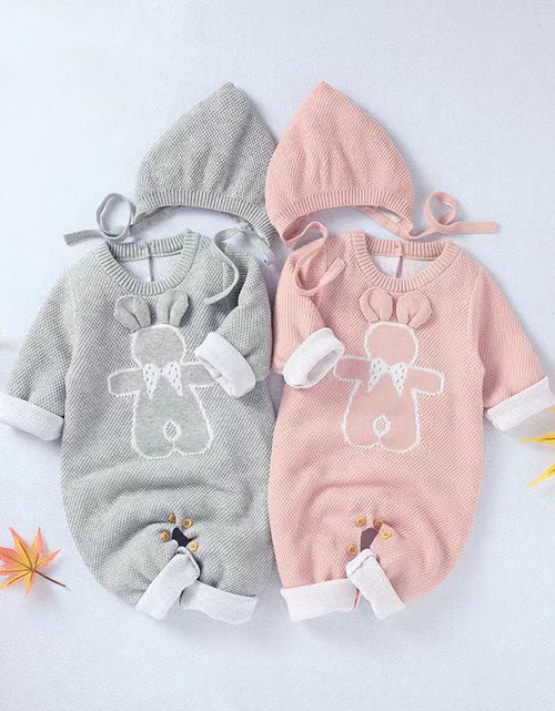 Load image into Gallery viewer, Baby Cartoon Bunny Embroidered Graphic Solid Warm Rompers With Hat by MyKids-USA™
