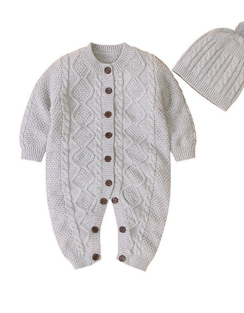 Load image into Gallery viewer, Baby Baby Cable Knitted Pattern Button Front Design Long Sleeve Warm Rompers &amp; Hat by MyKids-USA™
