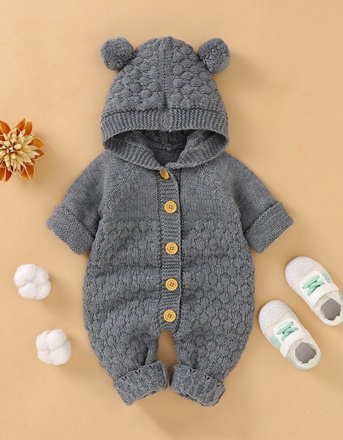 Load image into Gallery viewer, Baby 1pcs Cable Knitted Graphic Button Front Design Rompers With Hairball Patched Hat by MyKids-USA™
