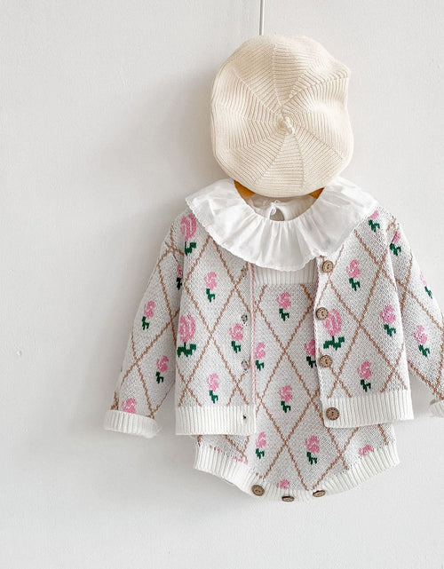 Load image into Gallery viewer, Baby Girl 1pcs Allover Roses Embroidered Graphic Crotch Bodysuit &amp; Cardigan Handmade Knitted Sets by MyKids-USA™

