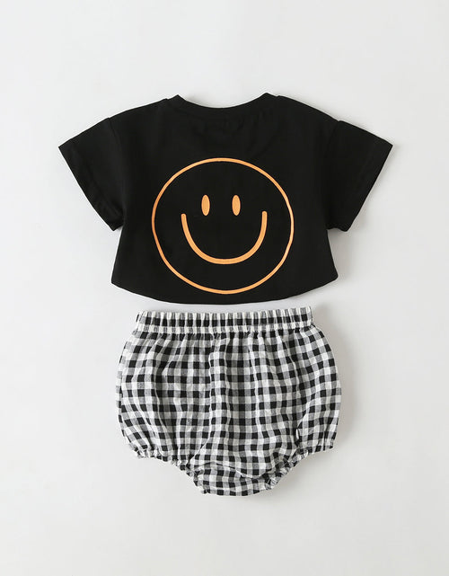 Load image into Gallery viewer, Baby Smiley Print Pattern Solid Tee Combo Plaid Pattern Triangle Shorts Sets by MyKids-USA™
