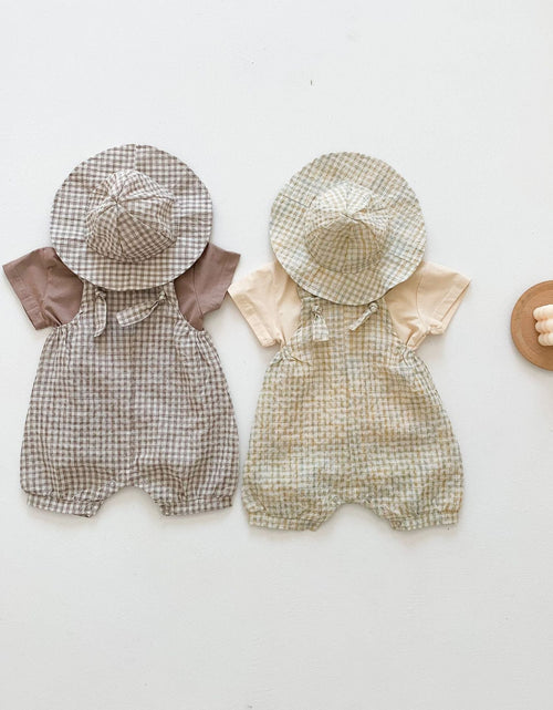 Load image into Gallery viewer, Baby Girl Short-Sleeved Plaid Pattern Backpack Pants With Hat Three Piece Sets In Summer by MyKids-USA™
