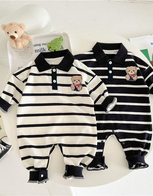Load image into Gallery viewer, Baby Cartoon Bear Print &amp; Striped Pattern Polo Neck Long Sleeve Romper by MyKids-USA™
