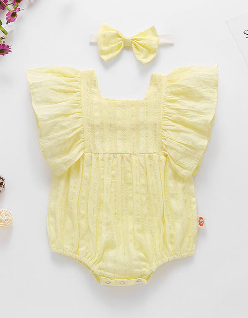 Load image into Gallery viewer, Baby Girl Solid Color Square Collar Design Short-Sleeved Onesies With Headband In Summer Outside Wearing by MyKids-USA™
