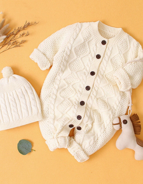 Load image into Gallery viewer, Baby Baby Cable Knitted Pattern Button Front Design Long Sleeve Warm Rompers &amp; Hat by MyKids-USA™
