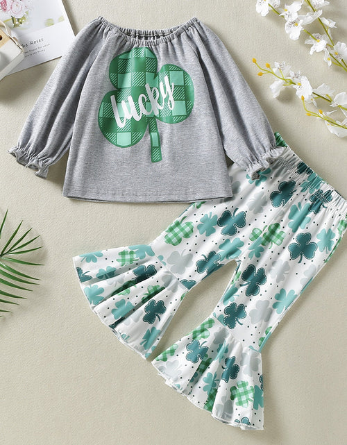 Load image into Gallery viewer, Baby Girl 1pcs 4-Leaves Grass Graphic Long Sleeve Tops Combo Allover Grass Print Ruffle Hem Pants Sets by MyKids-USA™
