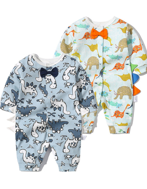 Load image into Gallery viewer, Baby Boy Dinosaur Pattern Bow Tie Patched Design Snap Button Romper Jumpsuit by MyKids-USA™
