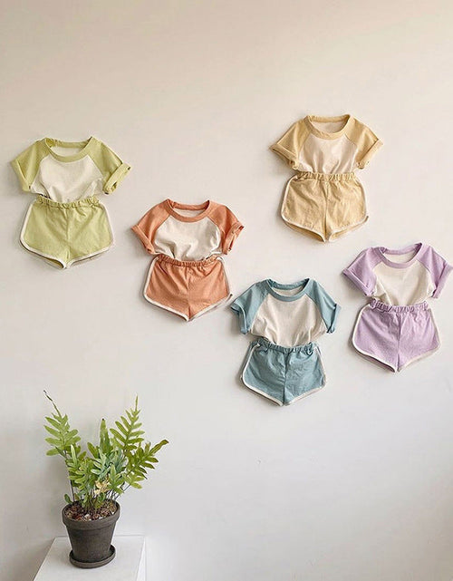 Load image into Gallery viewer, Baby Boys And Girls Color Patchwork Design Round Neck Short-Sleeved Top Combo Shorts Summer Cotton Sets by MyKids-USA™

