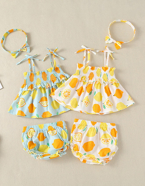 Load image into Gallery viewer, Baby Girl Lemon Fruit Print Sleeveless Dress Combo Short Pants In Sets by MyKids-USA™
