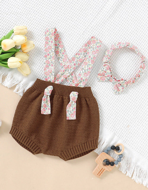 Load image into Gallery viewer, Baby Girl Ditsy Flower Sling Knitted Shorts Overalls With Headband by MyKids-USA™
