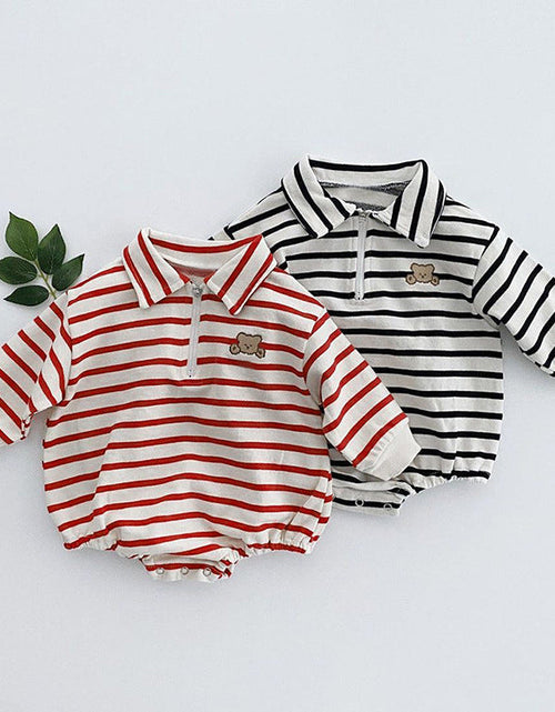 Load image into Gallery viewer, Baby Striped &amp; Cartoon Patched Graphic Polo Neck Long Sleeves Bodysuit Onesies by MyKids-USA™
