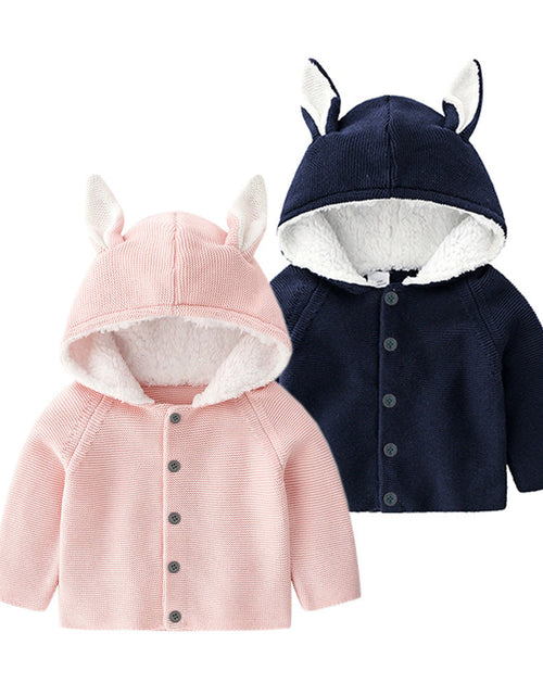 Load image into Gallery viewer, Baby Solid Color Bunny Ear Patched Hat Design Button Front Knitted Sweater Cardigan by MyKids-USA™
