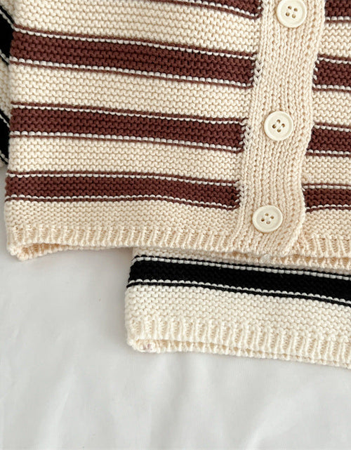 Load image into Gallery viewer, Baby Striped Pattern Lapel Knitted Cardigan With Pants Sets by MyKids-USA™

