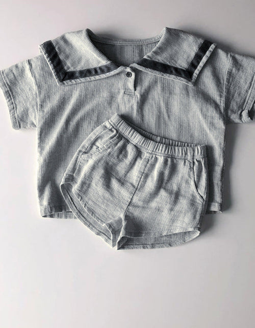 Load image into Gallery viewer, Baby Girl 1pc Contrast Tape Lapel Tops &amp; Shorts Navy Style College Sets by MyKids-USA™
