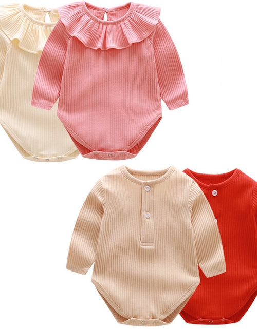 Load image into Gallery viewer, Baby Solid Color Ruffle &amp; Buttoned Design Long-Sleeved O-Neck Onesies by MyKids-USA™
