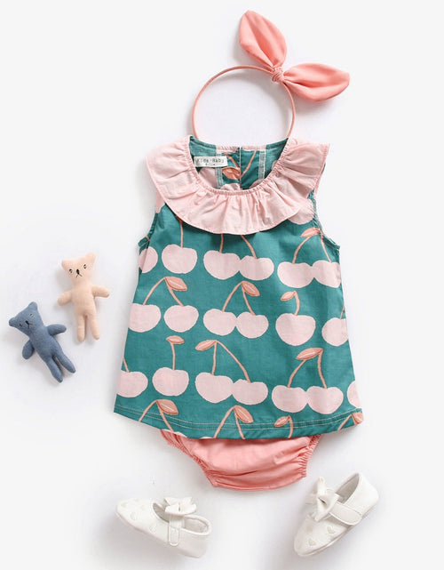 Load image into Gallery viewer, Baby Girl Cherry Print Ruffle Design O-Neck Tops Combo Shorts Sets In Summer by MyKids-USA™
