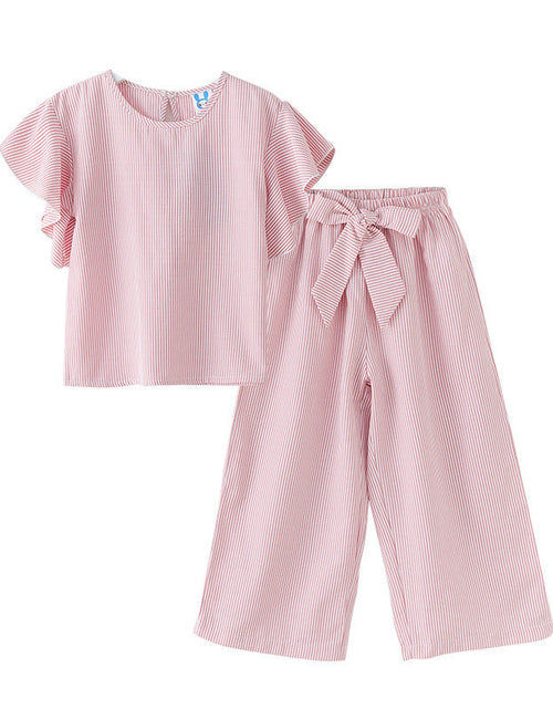 Load image into Gallery viewer, Girl Striped Pattern Tops Combo Bow Belt Pants Summer 1-Pieces Sets by MyKids-USA™
