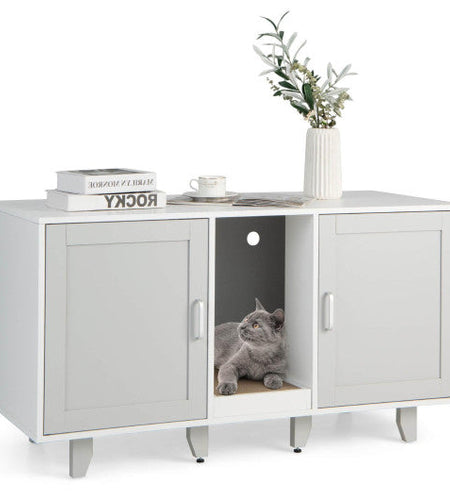 2-Door Cat Litter Box Enclosure with Winding Entry and Scratching Board-Gray