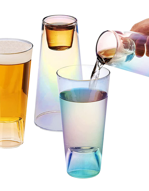Load image into Gallery viewer, Shot in the Pint Glass, Take a Shot Funny Beer Glass/Mug 4-Set 7"H The Wine Savant - Beers Pilsner Tumblers Perfect for Entertaining, Home Bar, Weddings, Parties, Funny Gifts 21oz (640mL) (Iridescent) by The Wine Savant
