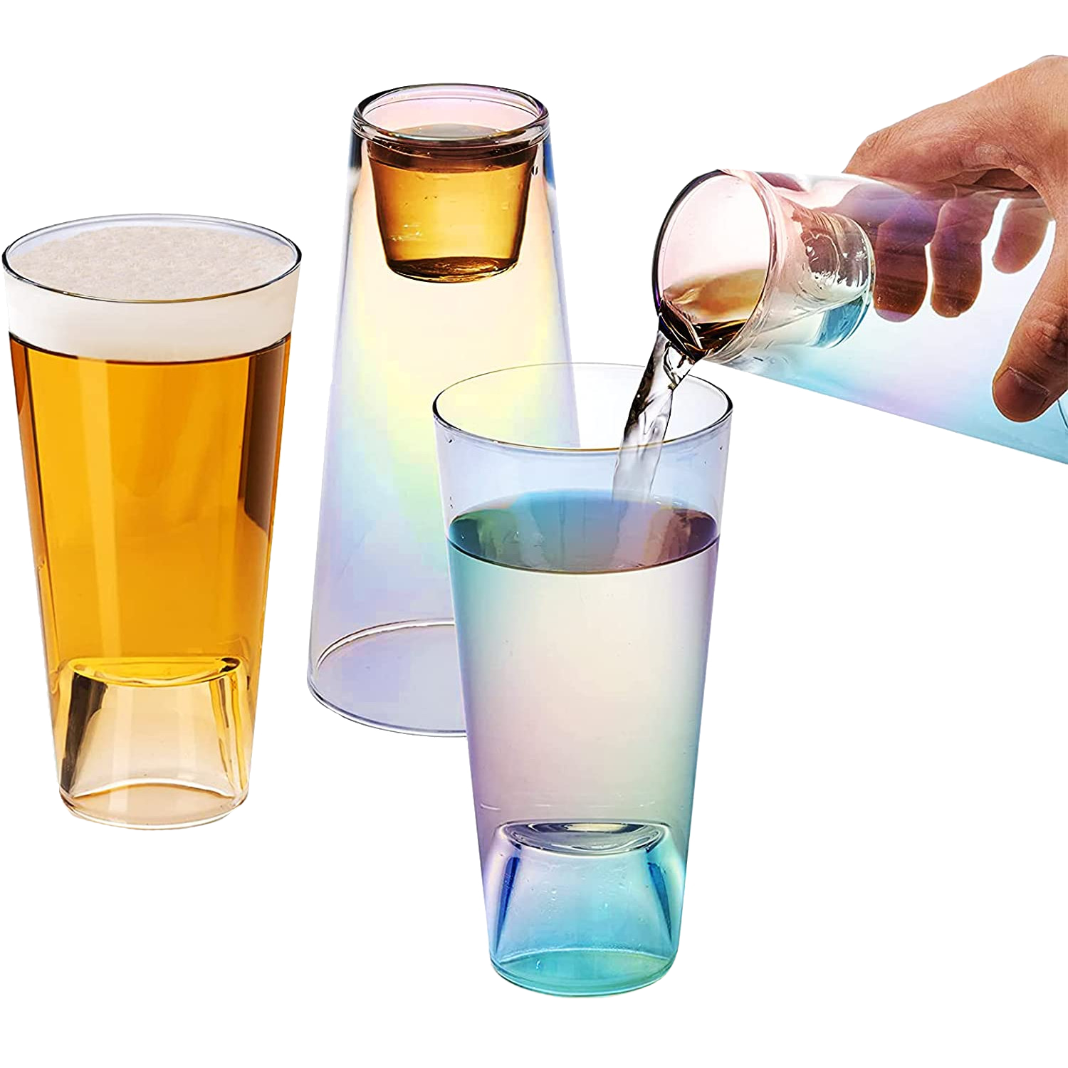 Shot in the Pint Glass, Take a Shot Funny Beer Glass/Mug 4-Set 7"H The Wine Savant - Beers Pilsner Tumblers Perfect for Entertaining, Home Bar, Weddings, Parties, Funny Gifts 21oz (640mL) (Iridescent) by The Wine Savant