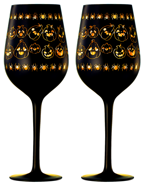 Load image into Gallery viewer, Crystal Halloween Stemmed Wine Glasses - Set of 2 - Pumpkin Themed Vibrant Black &amp; Gold Spooky Ghost Pattern Frosted Glass, Perfect for Themed Gothic Parties Trick Or Treat Gifts for Him Her (16 OZ) by The Wine Savant

