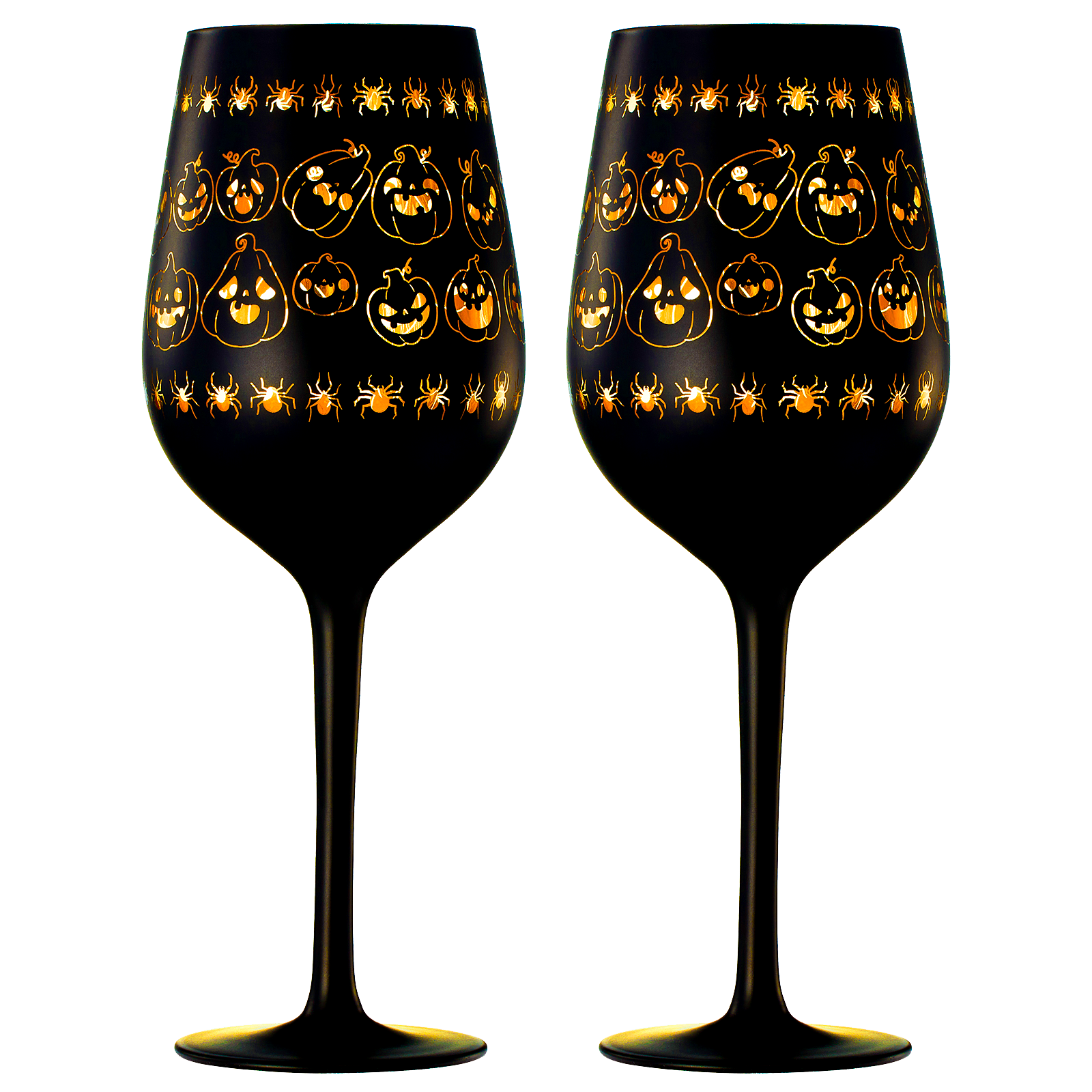 Crystal Halloween Stemmed Wine Glasses - Set of 2 - Pumpkin Themed Vibrant Black & Gold Spooky Ghost Pattern Frosted Glass, Perfect for Themed Gothic Parties Trick Or Treat Gifts for Him Her (16 OZ) by The Wine Savant