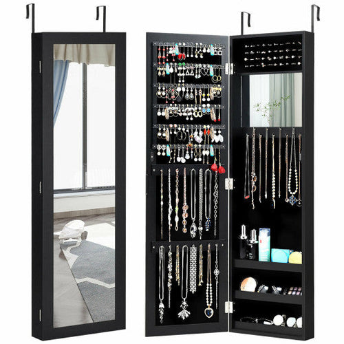 Load image into Gallery viewer, Full Length Mirror Jewelry Cabinet with Ring Slots and Necklace Hooks-Black
