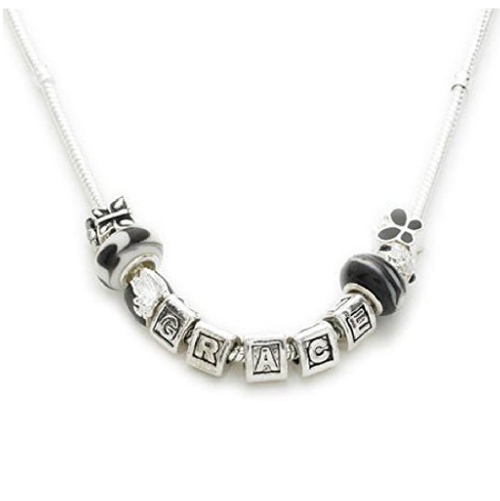 Load image into Gallery viewer, Silver Plated Personalised 'Racy Lady' Name Charm Bead Necklace 46cm/58cm by Liberty Charms USA
