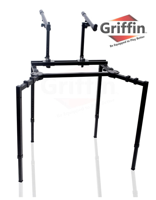 Load image into Gallery viewer, Double Piano Keyboard &amp; Laptop Stand by GRIFFIN - 2 Tier/Dual Portable Studio Mixer Rack for Turntables, DJ Coffins, Speakers, Digital Music Gear by GeekStands.com
