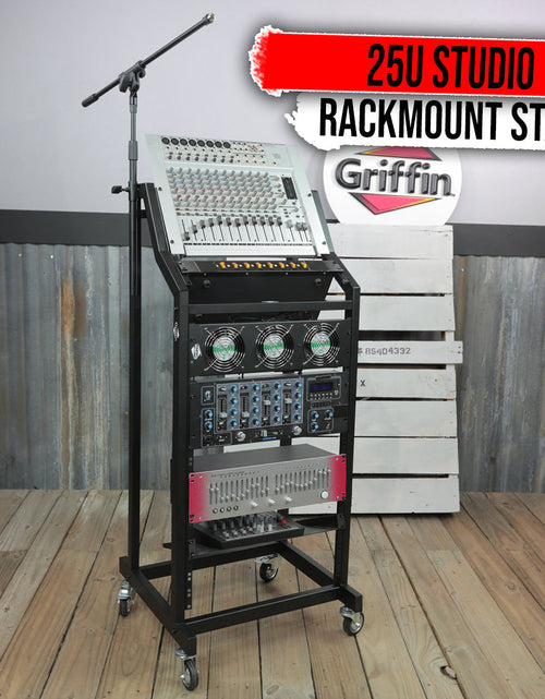 Load image into Gallery viewer, GRIFFIN Rack Mount Cart Stand &amp; Top Mixer Platform 25U - Rolling Music Studio Booth Case Holder by GeekStands.com
