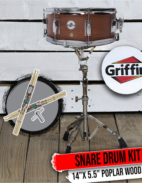 Load image into Gallery viewer, GRIFFIN Snare Drum Package with Snare Stand, 2 Pairs of Drum Sticks &amp; Drum Key | Snare Kit with Poplar Wood Shell 14" x 5.5" with Flat Hickory PVC | 8 Metal Tuning Lugs &amp; Snare Strainer Throw Off by GeekStands.com
