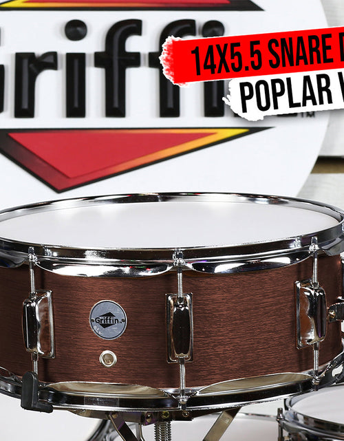 Load image into Gallery viewer, GRIFFIN Snare Drum - Poplar Wood Shell 14" x 5.5" with Flat Hickory PVC - 8 Metal Tuning Lugs by GeekStands.com
