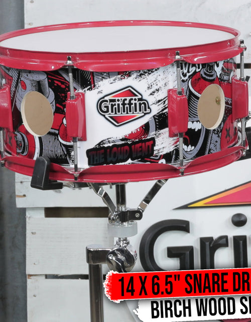 Load image into Gallery viewer, GRIFFIN Snare Drum Birch Wood Shell 14 X 6.5 Inch - Oversize 2.5" Large Vents &amp; Custom Graphic Wrap by GeekStands.com
