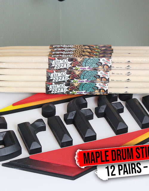 Load image into Gallery viewer, 12 Pairs of Select Elite Maple Wood Drum Sticks by GRIFFIN Attack Zzzap - Size 5A Premium Balanced, Level and Straight - Drummers Percussion Classic Pure Grit Uncoated, Raw Wood Drumming Sticks by GeekStands.com
