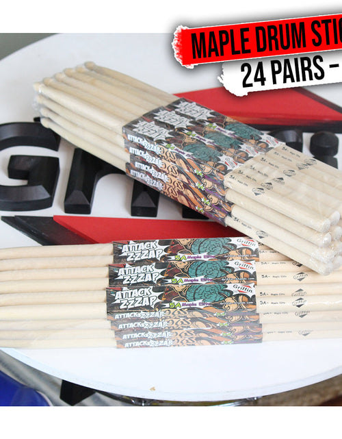 Load image into Gallery viewer, GRIFFIN Attack Zzzap Drum Sticks - 24 Pairs of Select Elite Maple Wood Size 5A - Drummers Percussion Classic Pure Grit Uncoated, Raw Wood Drumming Sticks - Premium Balanced, Level and Straight by GeekStands.com
