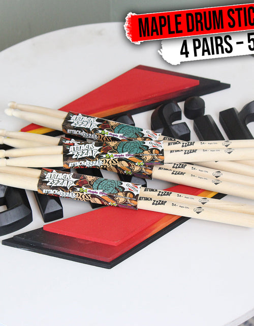 Load image into Gallery viewer, GRIFFIN Attack Zzzap Drum Sticks - 4 Pairs of Select Elite Maple Wood Size 5A - Premium Balanced, Level and Straight - Drummers Percussion Classic Pure Grit Uncoated, Raw Wood Drumming Sticks by GeekStands.com
