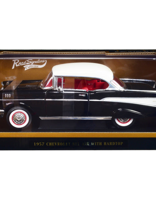 Load image into Gallery viewer, 1957 Chevrolet Bel Air Hardtop Black with White Top and Red Interior 1/18 Diecast Model Car by Road Signature
