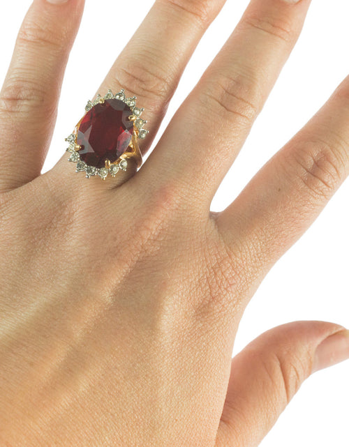 Load image into Gallery viewer, Vintage 1970's Ring Ruby and Clear Austrian Crystals 18k Yellow Gold Plated Band Made in USA by PVD Vintage Jewelry
