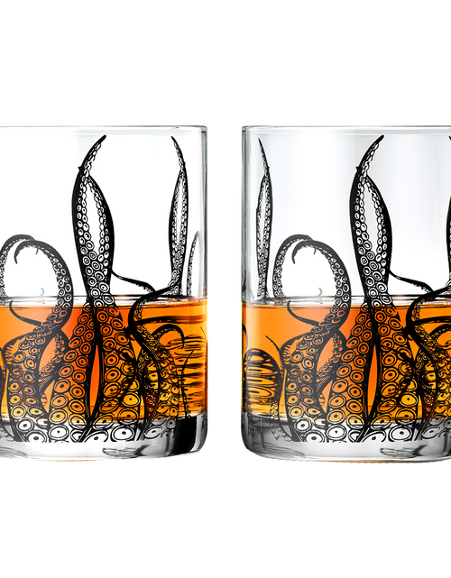 Load image into Gallery viewer, Octopus Tentacle Whiskey Glassware | Set of 2 | 9 OZ Handmade Craft Beer, Cocktail, Water, Bar Rock Glass - Kraken Tumbler Gift Set, Old Fashioned Rocks Glasses, Antique Design Extraordinary Detail by The Wine Savant
