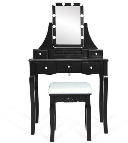 10 Dimmable Light Bulbs Vanity Dressing Table with 2 Dividers and Cushioned Stool-Black