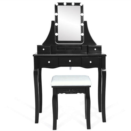 Load image into Gallery viewer, 10 Dimmable Light Bulbs Vanity Dressing Table with 2 Dividers and Cushioned Stool-Black
