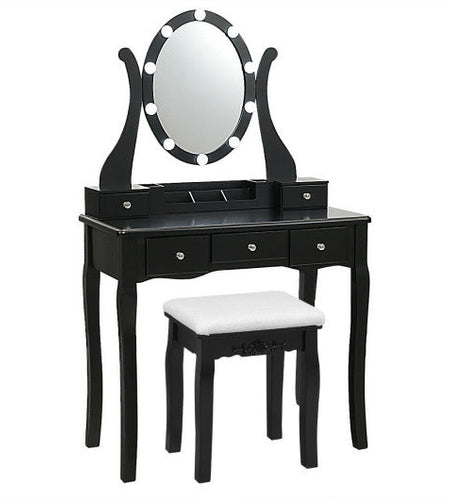 10 Dimmable Lights Vanity Table Set with Lighted Mirror and Cushioned Stool-Black