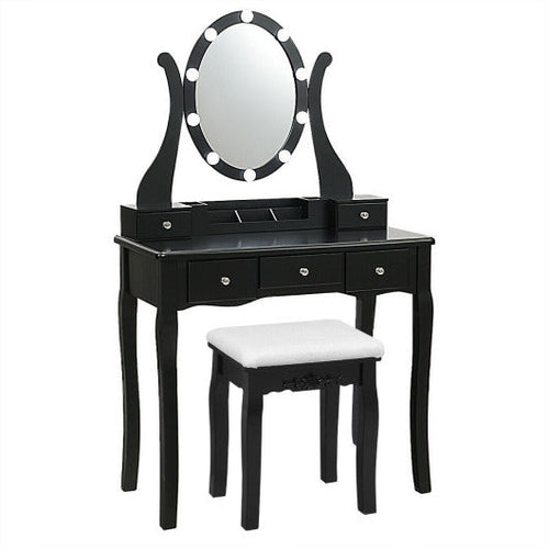 Load image into Gallery viewer, 10 Dimmable Lights Vanity Table Set with Lighted Mirror and Cushioned Stool-Black
