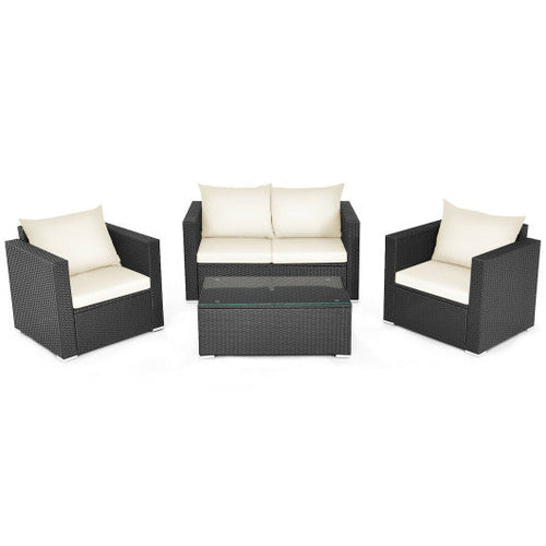 Load image into Gallery viewer, 4 Pieces Patio Rattan Conversation Set with Padded Cushion and Tempered Glass Coffee Table-White
