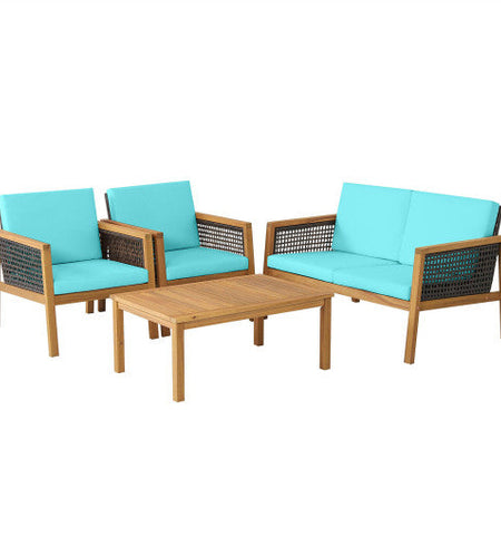 4 Pieces Patio Rattan Furniture Set with Removable Cushions-Turquoise
