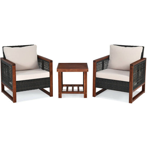 Load image into Gallery viewer, 3 Pieces Patio Wicker Furniture Set with Washable Cushion and Acacia Wood Coffee Table-Beige
