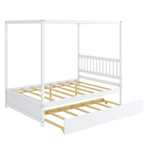 Load image into Gallery viewer, Full Size Canopy Bed with Trundle Wooden Platform Bed Frame Headboard-White
