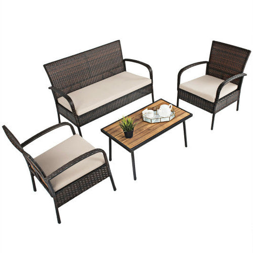 Load image into Gallery viewer, 4 Pieces Patio Cushioned Wicker Conversation Set with Acacia Wood Tabletop
