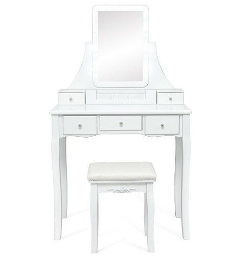 10 Dimmable Light Bulbs Vanity Dressing Table with 2 Dividers and Cushioned Stool-White